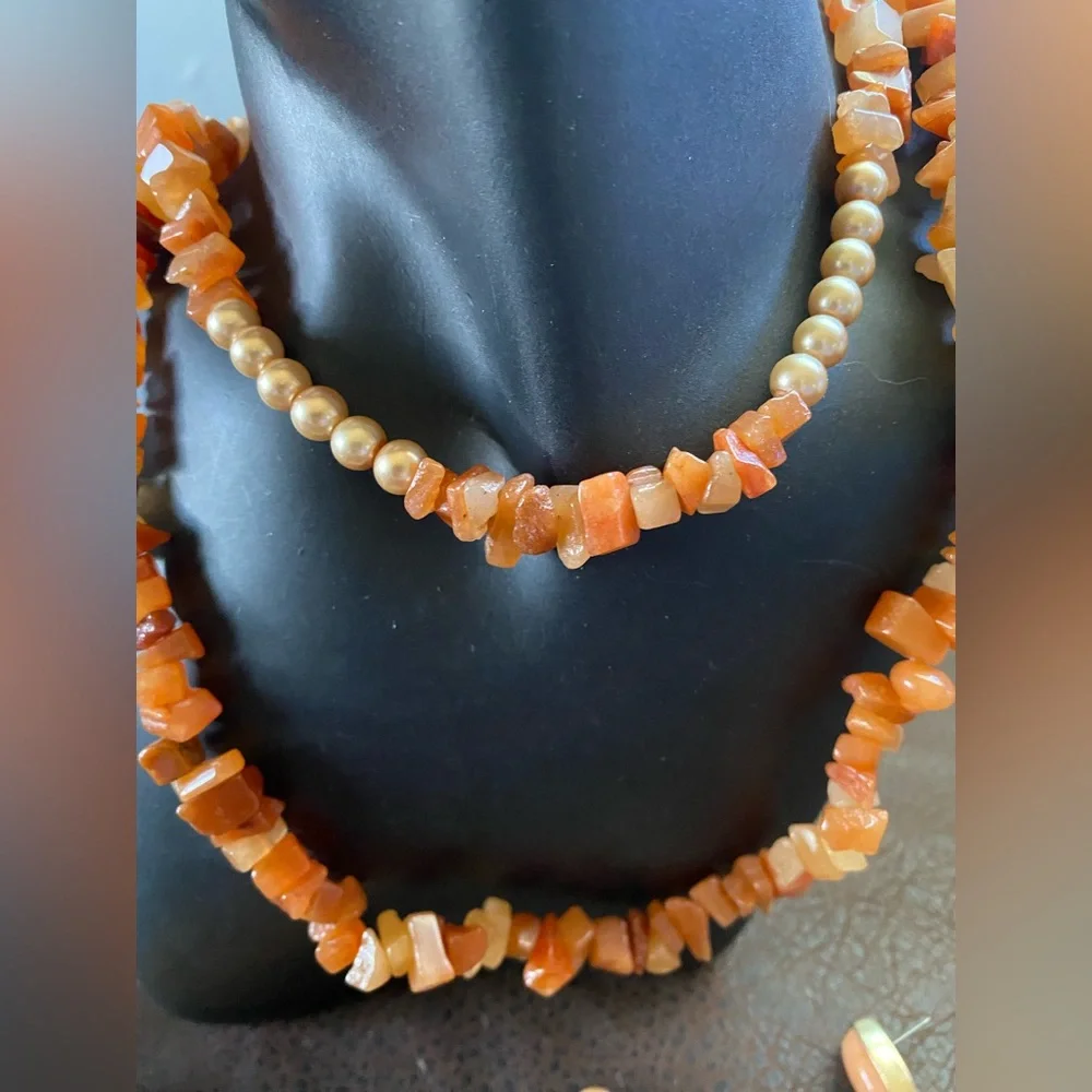 Carnelian Chips Nuggets Orange Necklace, Bracelet, Barrettes, Earring Set
